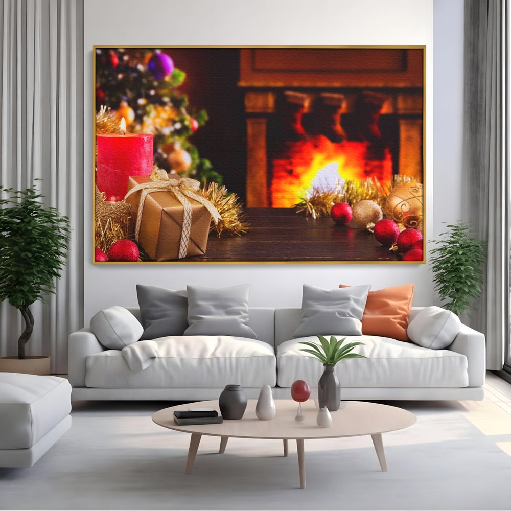 Tablou canvas cu tablou canvas cu peisaj de craciun, in rama de aluminiu auriu, pe perete intr-un living